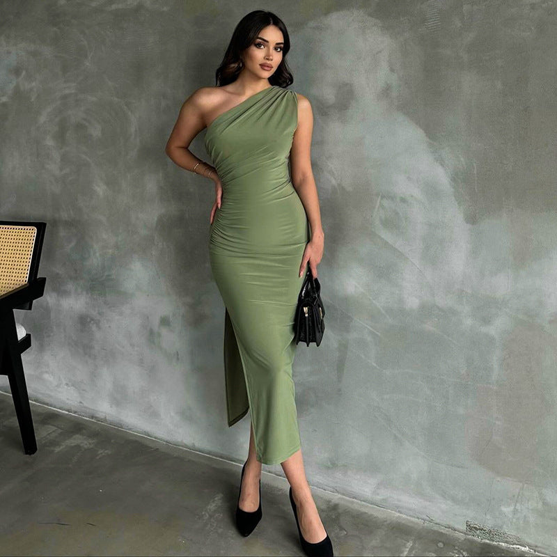 One-shoulder Sleeveless Pleated Slit Dress