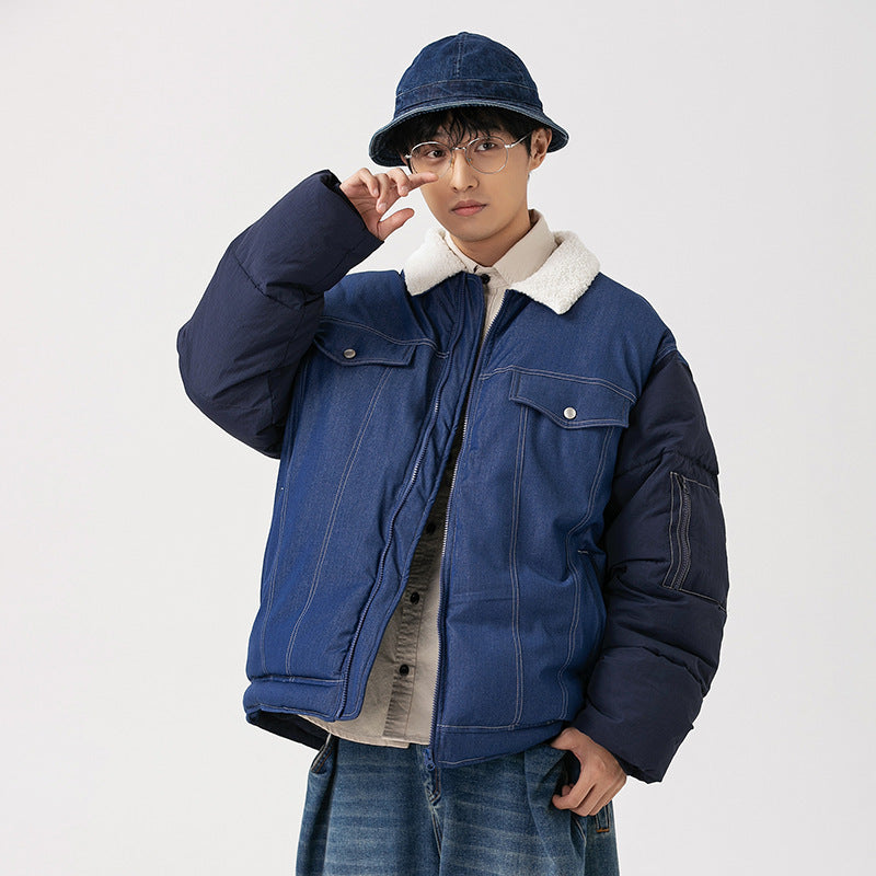 American Retro Patchwork Denim Thickened Cotton Padded Coat Men