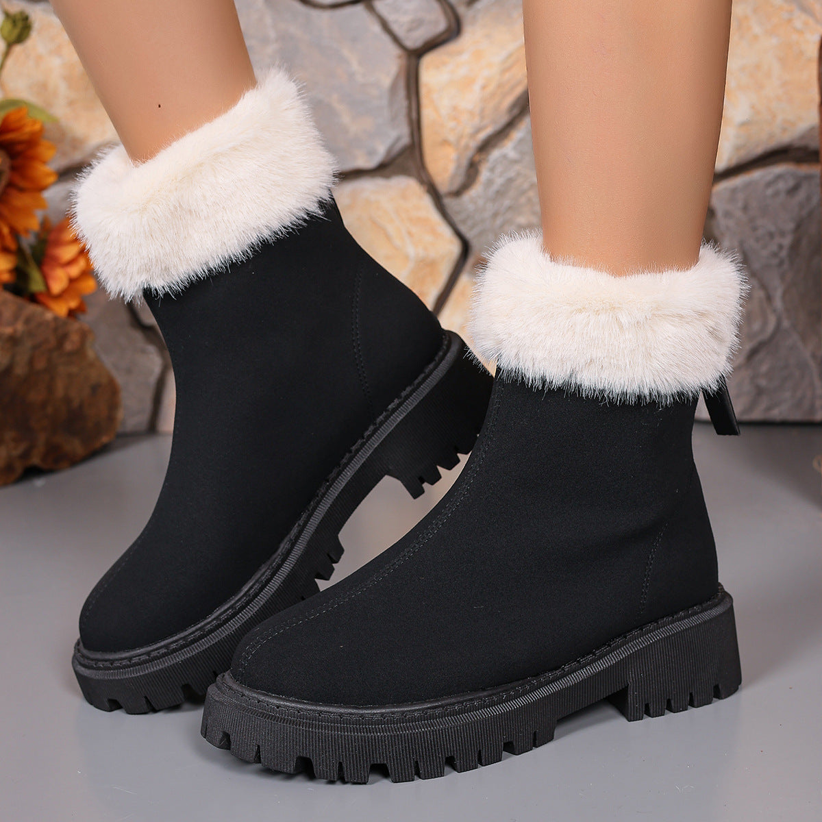 Square-heeled Snow Boots Winter Plus Velvet Platform Plush Shoes Fashion Warm Non-slip Mid-calf Boot For Women