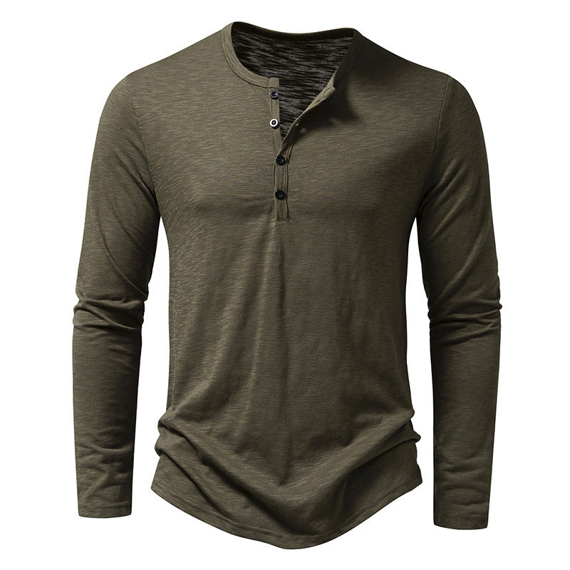 Mens Clothing Long Sleeve T-shirt Fashion Button Henry Collar Tops