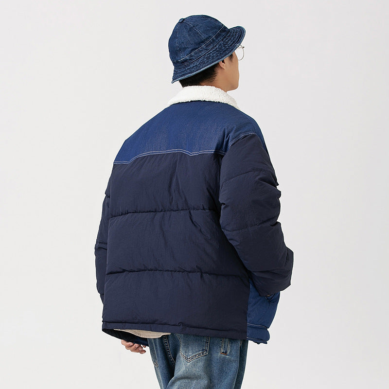 American Retro Patchwork Denim Thickened Cotton Padded Coat Men