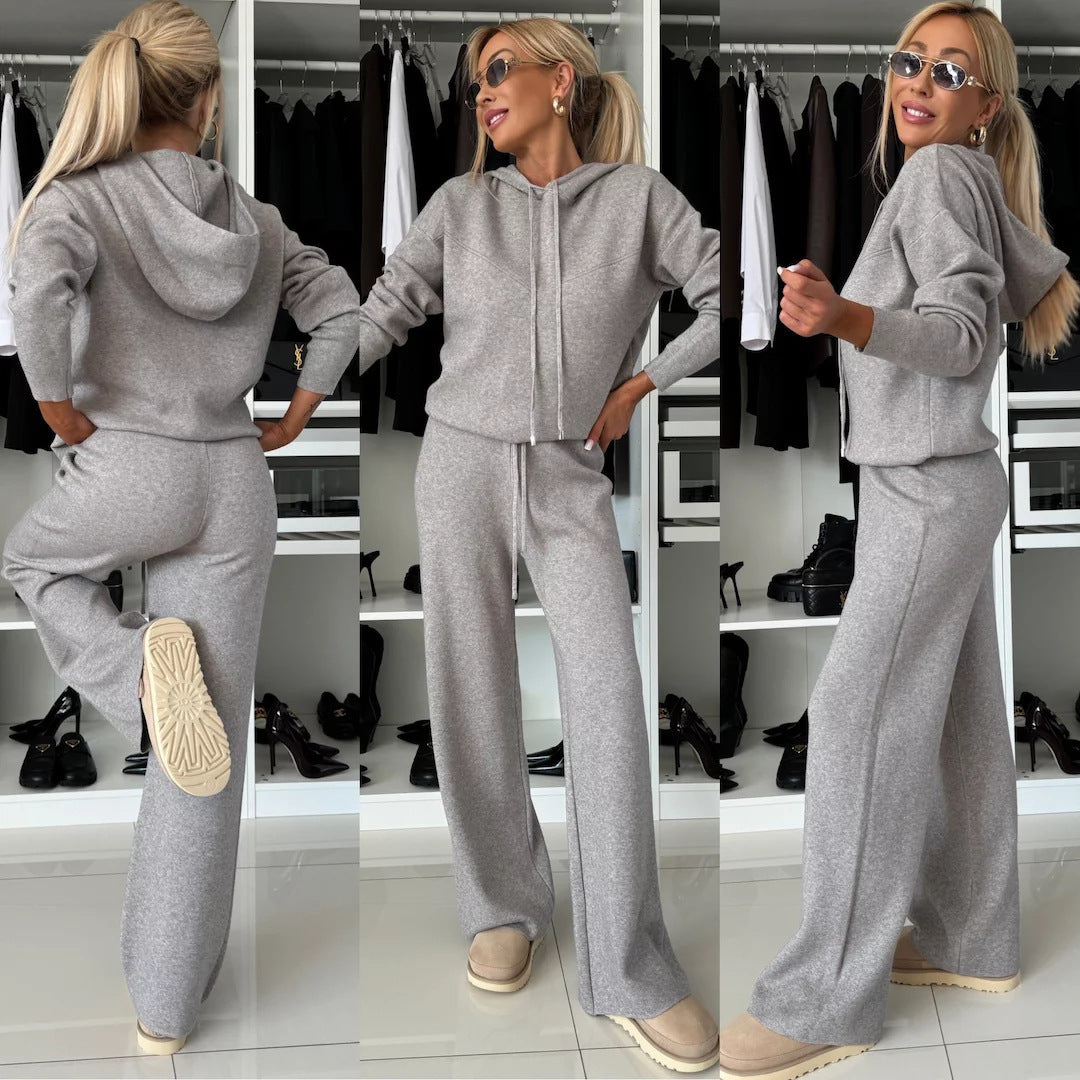 Women's Solid Color Hooded Long Sleeved Sweatshirt Wide Leg Pants Set