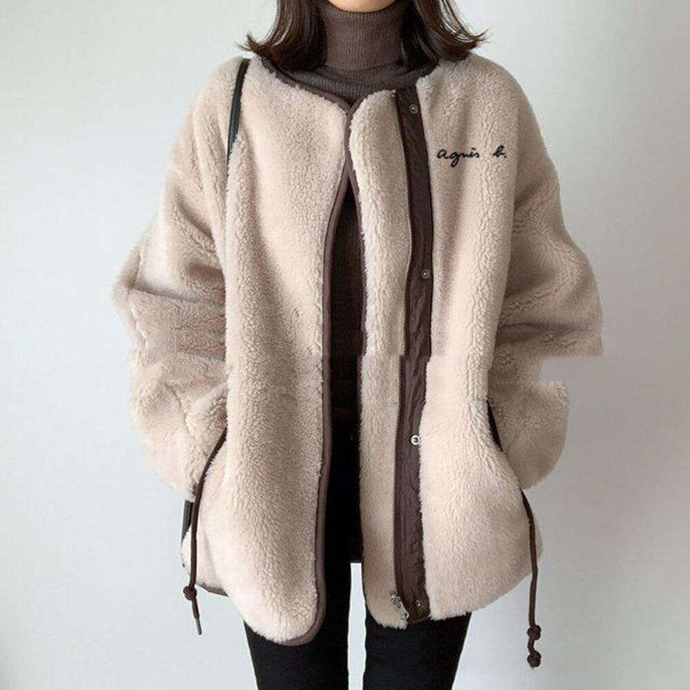 Plush Stitching Round Neck Zipper Loose Long Sleeve Fashion Women