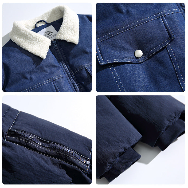 American Retro Patchwork Denim Thickened Cotton Padded Coat Men