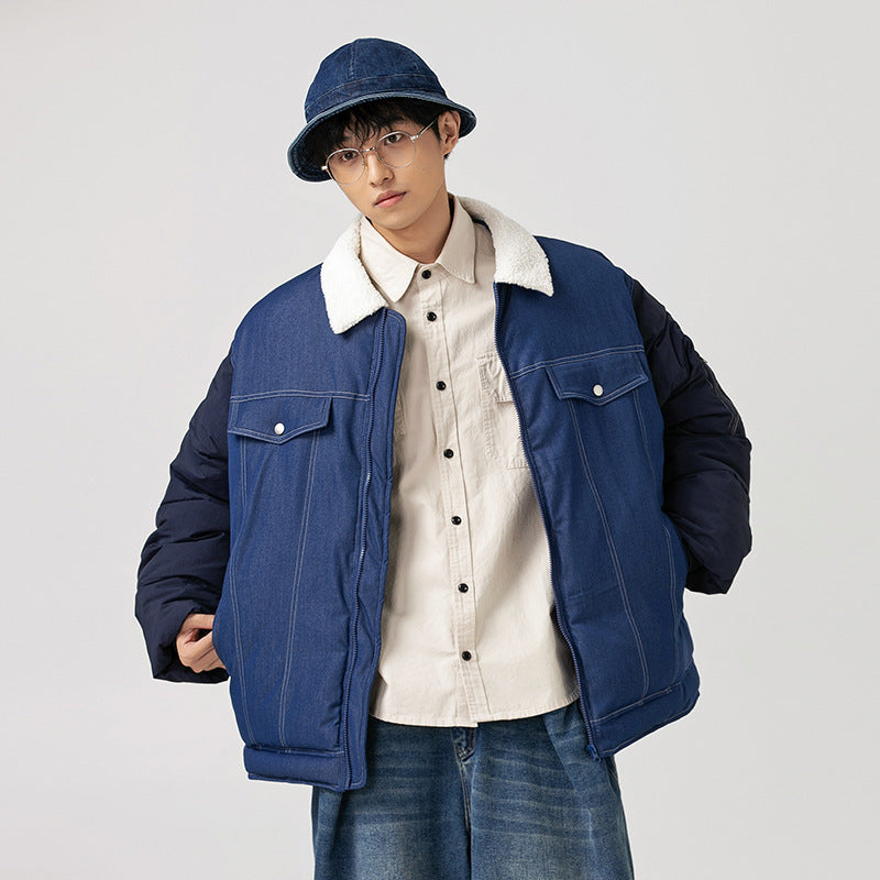 American Retro Patchwork Denim Thickened Cotton Padded Coat Men